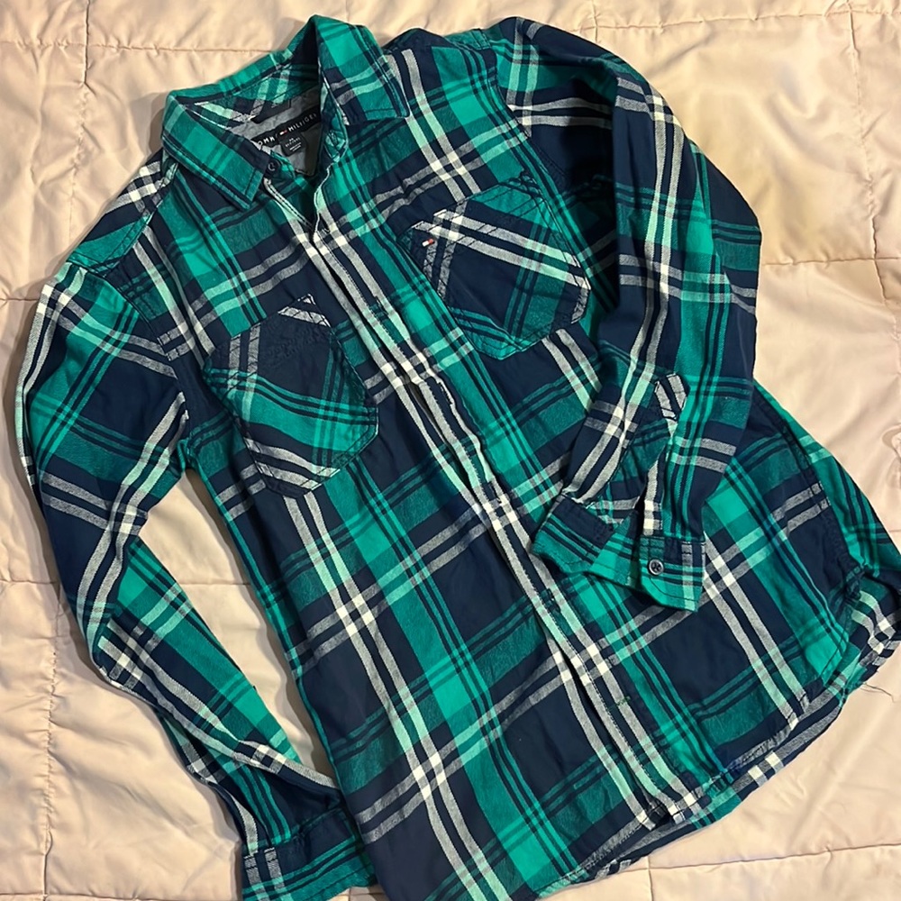 Tommy Hilfiger Blue green and white plaid long sleeve button up